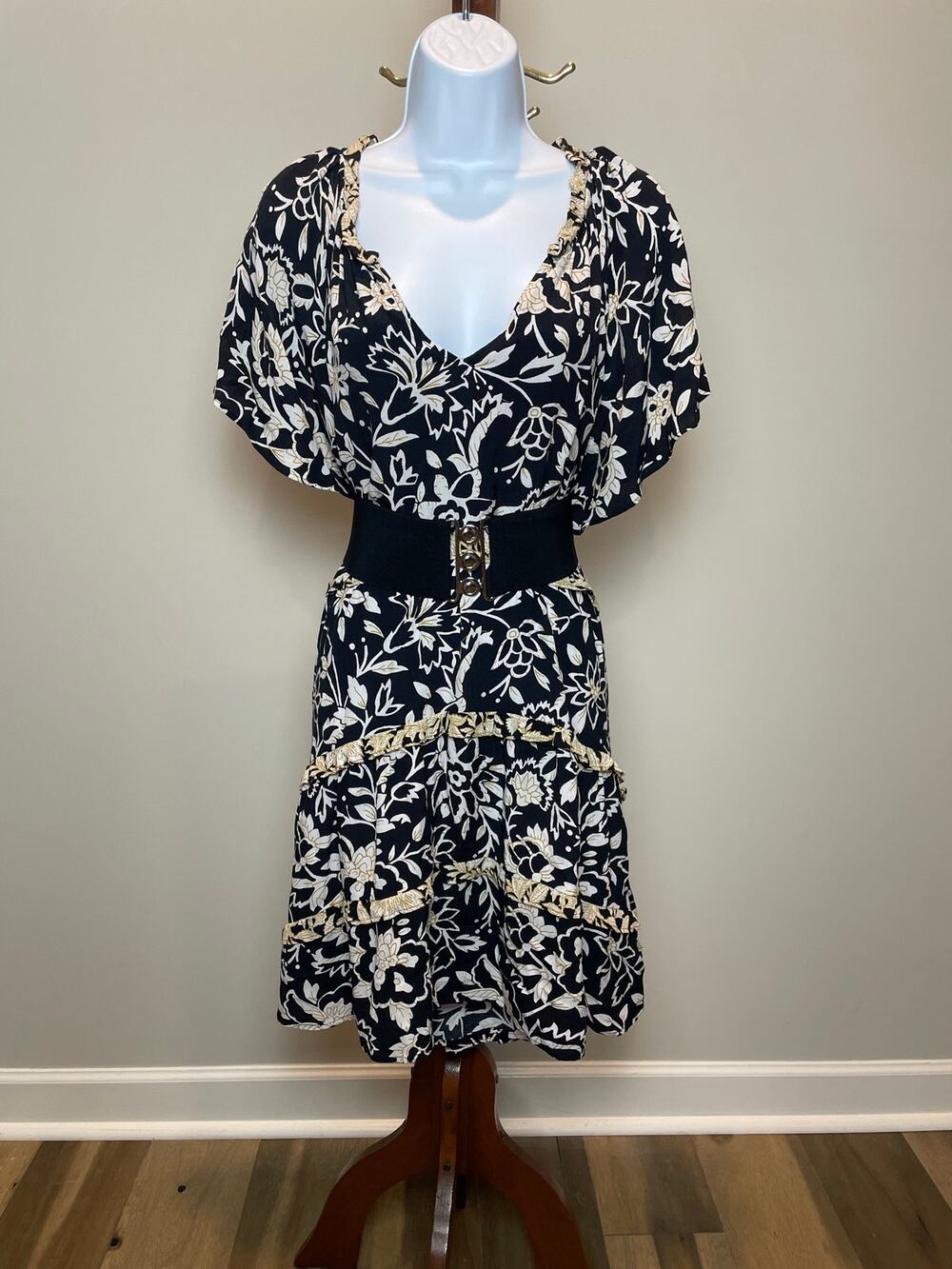 Anthropologie Cloth & Stone Floral V Neck Midi Dress Size L Black White